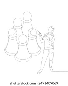 One continuous line of Man pointing with finger at pawn, chess piece. Thin Line Illustration vector concept. Contour Drawing Creative ideas.