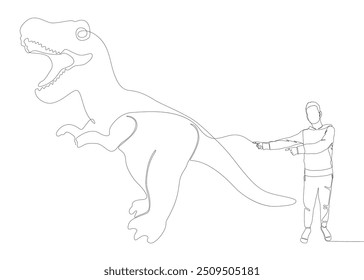 One continuous line of Man pointing with finger at Dinosaur. Thin Line Illustration vector concept. Contour Drawing Creative ideas.