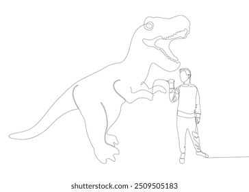 One continuous line of Man pointing with finger at Dinosaur. Thin Line Illustration vector concept. Contour Drawing Creative ideas.