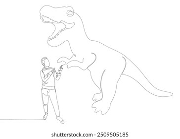 One continuous line of Man pointing with finger at Dinosaur. Thin Line Illustration vector concept. Contour Drawing Creative ideas.