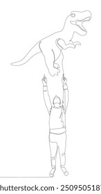 One continuous line of Man pointing with finger at Dinosaur. Thin Line Illustration vector concept. Contour Drawing Creative ideas.