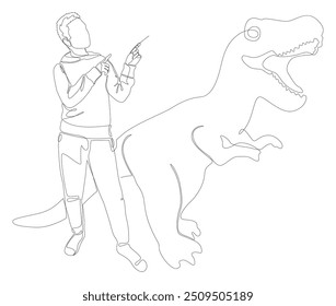 One continuous line of Man pointing with finger at Dinosaur. Thin Line Illustration vector concept. Contour Drawing Creative ideas.