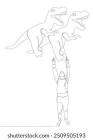 One continuous line of Man pointing with finger at Dinosaur. Thin Line Illustration vector concept. Contour Drawing Creative ideas.