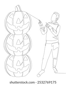 Uma linha contínua de Man apontando com o dedo para Halloween Pumpkin, Jack O' Lantern. Conceito de vetor de Ilustração de Linha Fina. Desenho de contorno Ideias criativas.