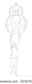 Uma linha contínua de Man apontando com o dedo para Halloween Pumpkin, Jack O' Lantern. Conceito de vetor de Ilustração de Linha Fina. Desenho de contorno Ideias criativas.