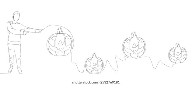 Uma linha contínua de Man apontando com o dedo para Halloween Pumpkin, Jack O' Lantern. Conceito de vetor de Ilustração de Linha Fina. Desenho de contorno Ideias criativas.