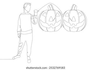 Uma linha contínua de Man apontando com o dedo para Halloween Pumpkin, Jack O' Lantern. Conceito de vetor de Ilustração de Linha Fina. Desenho de contorno Ideias criativas.