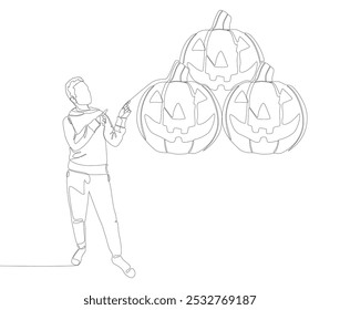 Uma linha contínua de Man apontando com o dedo para Halloween Pumpkin, Jack O' Lantern. Conceito de vetor de Ilustração de Linha Fina. Desenho de contorno Ideias criativas.