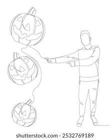 Uma linha contínua de Man apontando com o dedo para Halloween Pumpkin, Jack O' Lantern. Conceito de vetor de Ilustração de Linha Fina. Desenho de contorno Ideias criativas.