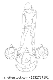 Uma linha contínua de Man apontando com o dedo para Halloween Pumpkin, Jack O' Lantern. Conceito de vetor de Ilustração de Linha Fina. Desenho de contorno Ideias criativas.