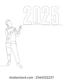 One continuous line of Man pointing with finger at number 2025. Thin Line Illustration vector concept. Contour Drawing Creative ideas.