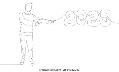 One continuous line of Man pointing with finger at number 2025. Thin Line Illustration vector concept. Contour Drawing Creative ideas.