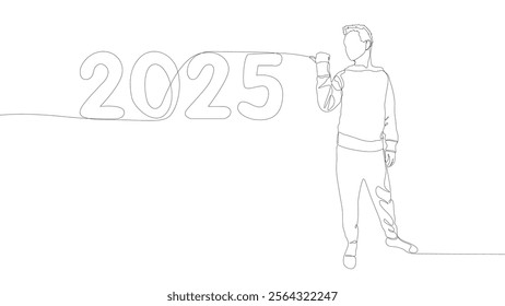 One continuous line of Man pointing with finger at number 2025. Thin Line Illustration vector concept. Contour Drawing Creative ideas.