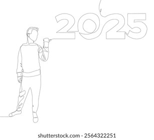 One continuous line of Man pointing with finger at number 2025. Thin Line Illustration vector concept. Contour Drawing Creative ideas.