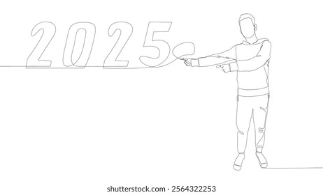 One continuous line of Man pointing with finger at number 2025. Thin Line Illustration vector concept. Contour Drawing Creative ideas.