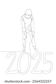 One continuous line of Man pointing with finger at number 2025. Thin Line Illustration vector concept. Contour Drawing Creative ideas.