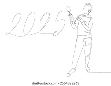 One continuous line of Man pointing with finger at number 2025. Thin Line Illustration vector concept. Contour Drawing Creative ideas.