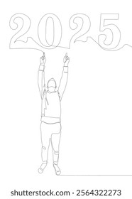 One continuous line of Man pointing with finger at number 2025. Thin Line Illustration vector concept. Contour Drawing Creative ideas.