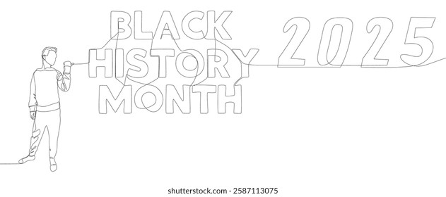 One continuous line of Man pointing with finger at Black History Month 2025. Thin Line Illustration vector concept. Contour Drawing Creative ideas.