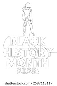 One continuous line of Man pointing with finger at Black History Month 2025. Thin Line Illustration vector concept. Contour Drawing Creative ideas.