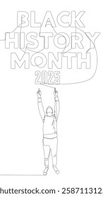 One continuous line of Man pointing with finger at Black History Month 2025. Thin Line Illustration vector concept. Contour Drawing Creative ideas.