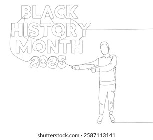 One continuous line of Man pointing with finger at Black History Month 2025. Thin Line Illustration vector concept. Contour Drawing Creative ideas.