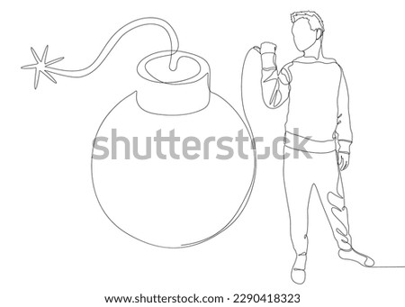 One continuous line of Man pointing with finger at Bomb. Thin Line Illustration vector concept. Contour Drawing Creative ideas.