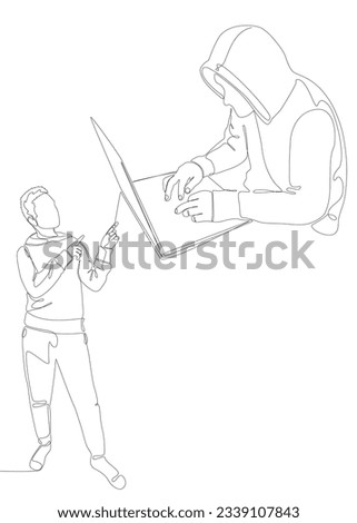 One continuous line of Man pointing with finger at Hacker, Men using Laptop. Thin Line Illustration vector concept. Contour Drawing Creative ideas.