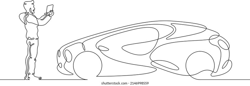 One continuous line. A man remotely controls an electric machine. Concept car of the future. Eco-friendly mode of transport.One continuous line drawn isolated, white background.