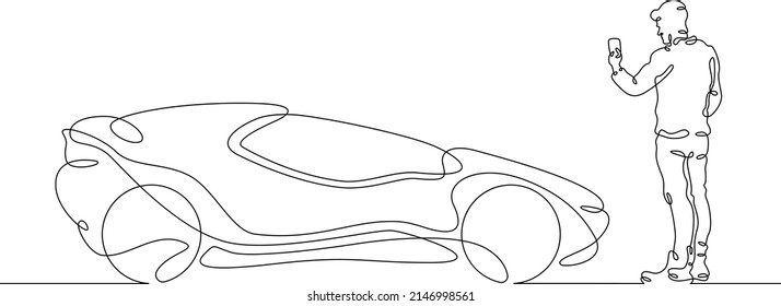 One continuous line. A man remotely controls an electric machine. Concept car of the future. Eco-friendly mode of transport.One continuous line drawn isolated, white background.