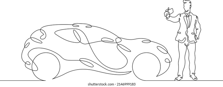 One continuous line. A man remotely controls an electric machine. Concept car of the future. Eco-friendly mode of transport.One continuous line drawn isolated, white background.