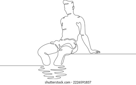 One continuous line. Man sits on the edge of a pool. Rest by the water. Swimming in the pool. One continuous line on a white background.