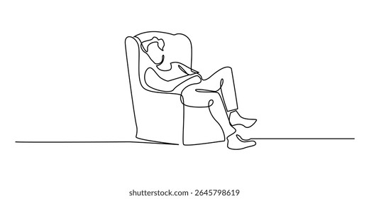 one continuous line of man sleeping on sofa.single line art of tired man sleeping on living room chair.isolated on white background