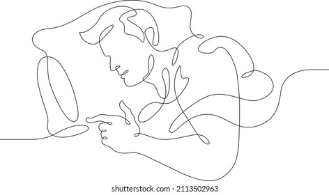 One continuous line. Man sleeps under a blanket. The boy fell asleep on the pillow. Male character is napping in bed.Continuous line drawing.Line Art isolated white background.