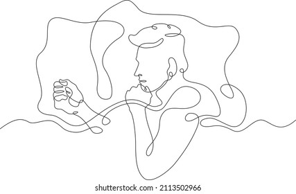 One continuous line. Man sleeps under a blanket. The boy fell asleep on the pillow. Male character is napping in bed.Continuous line drawing.Line Art isolated white background.