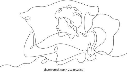 One continuous line. Man sleeps under a blanket. The boy fell asleep on the pillow. Male character is napping in bed.Continuous line drawing.Line Art isolated white background.