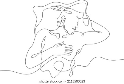 One continuous line. Man sleeps under a blanket. The boy fell asleep on the pillow. Male character is napping in bed.Continuous line drawing.Line Art isolated white background.