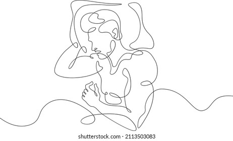 One continuous line. Man sleeps under a blanket. The boy fell asleep on the pillow. Male character is napping in bed.Continuous line drawing.Line Art isolated white background.