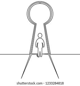 One continuous line man standing in giant keyhole Key person business metaphor isolated vector illustration concept
