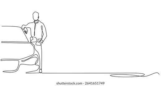one continuous line of man standing next to car.single line of successful man,luxury car,successful people lifestyle.vector illustration eps 10