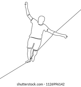 One continuous line man is walking a tightrope business challenge concept risk and danger Vector illustration