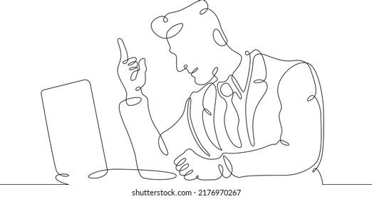 One continuous line. A man works at a computer. A male character is sitting at a laptop. Work with mobile Internet. Freelance and online education. One continuous line is drawn on a white background.
