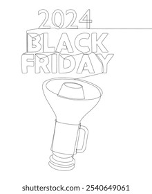 Eine durchgehende Linie von Megaphon mit Black Friday 2024 Text. Dünne Linie Illustration Vektorkonzept. Kontur Zeichnung Kreative Ideen.