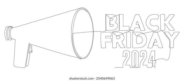 Eine durchgehende Linie von Megaphon mit Black Friday 2024 Text. Dünne Linie Illustration Vektorkonzept. Kontur Zeichnung Kreative Ideen.