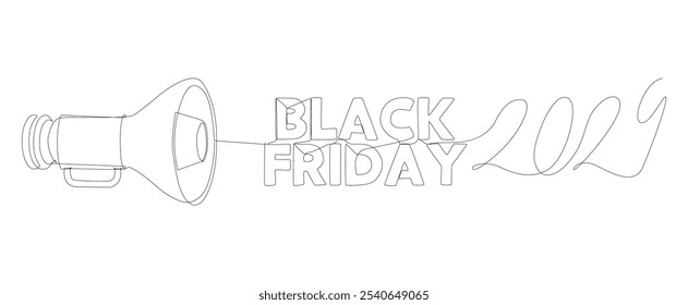 Eine durchgehende Linie von Megaphon mit Black Friday 2024 Text. Dünne Linie Illustration Vektorkonzept. Kontur Zeichnung Kreative Ideen.