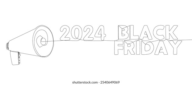 One continuous line of Megaphone with Black Friday 2024 text. Thin Line Illustration vector concept. Contour Drawing Creative ideas.