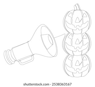 Una línea continua de megáfono con calabaza Halloween Jack O' Lantern. Concepto de Vector de ilustración de línea delgada. Contour Dibujo Ideas creativas.