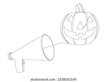 Una línea continua de megáfono con calabaza Halloween Jack O' Lantern. Concepto de Vector de ilustración de línea delgada. Contour Dibujo Ideas creativas.