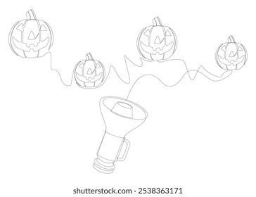 Una línea continua de megáfono con calabaza Halloween Jack O' Lantern. Concepto de Vector de ilustración de línea delgada. Contour Dibujo Ideas creativas.