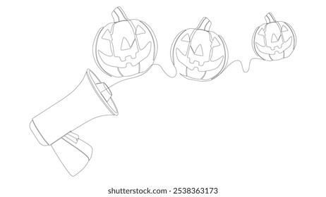 Una línea continua de megáfono con calabaza Halloween Jack O' Lantern. Concepto de Vector de ilustración de línea delgada. Contour Dibujo Ideas creativas.